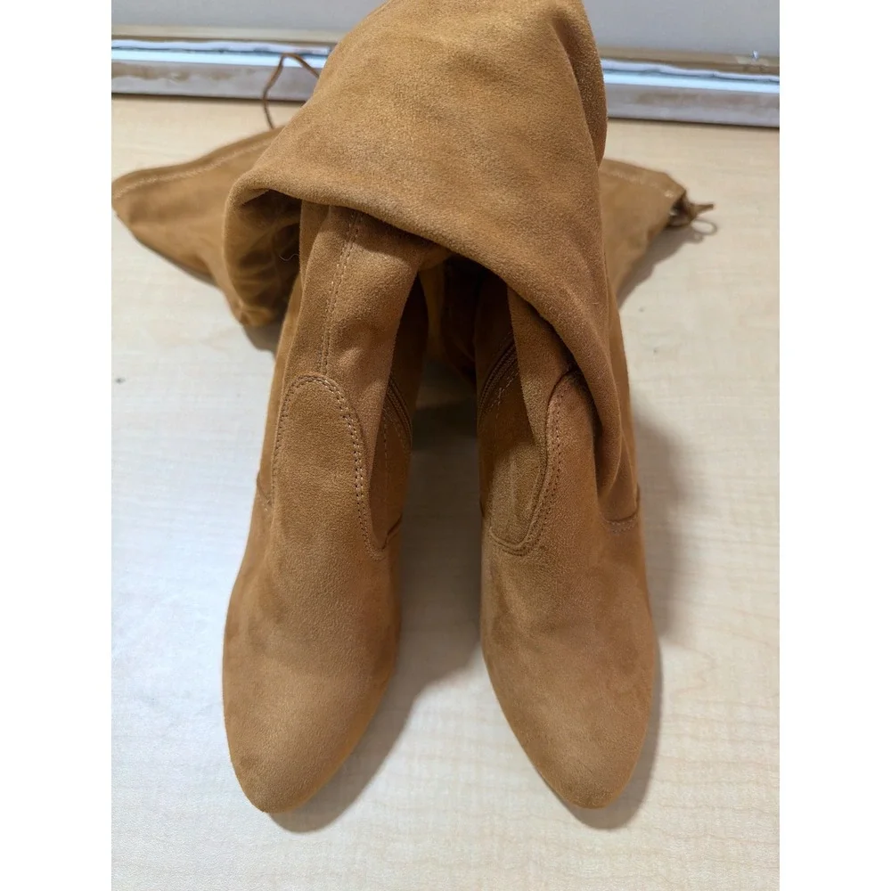 Tan Faux Suede Over The Knee Block Heel Boots Pointed Toe Cognac Size 7.5